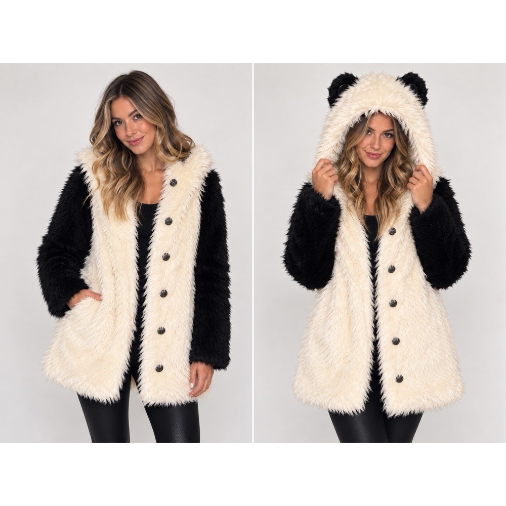 SpiritHoods Panda Faux Fur Coat OG 2011 2012 Hood Ears Black White Made USA